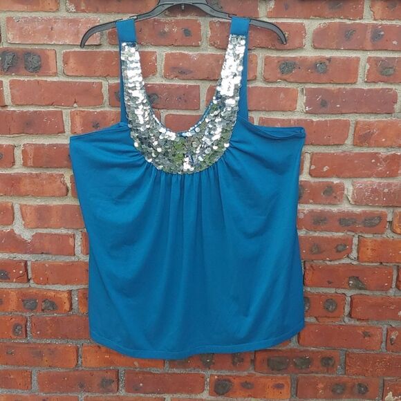 Turquoise sequined tank top - Picture 1 of 4